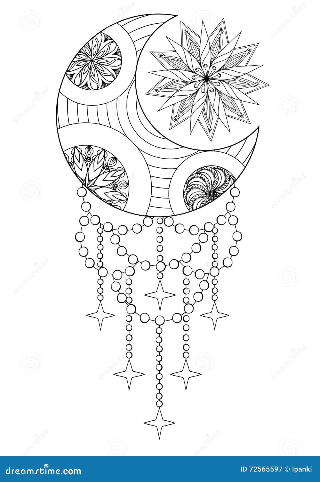 Bohemian moon and sun hand drawn zentangle moon and sun for adult antistress coloring pages art therapy ethnic patterned stock vector