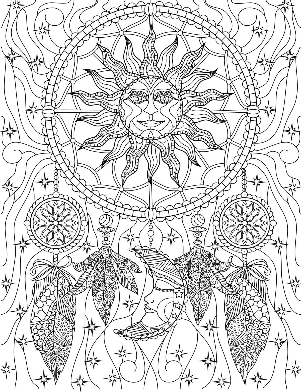 Dreamcatcher coloring page with sun moon and feathers on glowing background vector decoration design flower png and vector with transparent background for free download