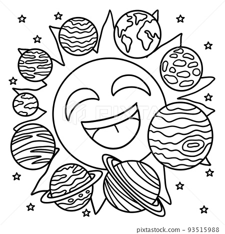 Happy sun and solar system coloring page for kids