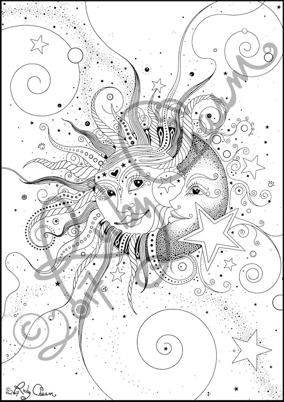 Coloring page sun and moon diy download print ruby charm artful illustrations for coloring enthusiasts nature sky universe