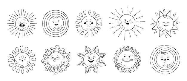 Premium vector sun flat linear set hand drawn cute suns funny outline childish sunny emoticons collection smiling sun sunbeams cartoon character emoji black line summer emoticons isolated illustration