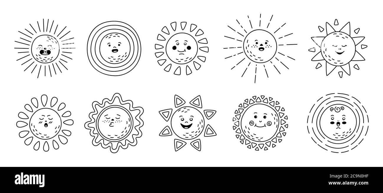 Sun flat linear set hand drawn cute suns funny outline childish sunny emoticons collection smiling sun sunbeams cartoon character emoji black line summer emoticons isolated vector illustration stock vector image art