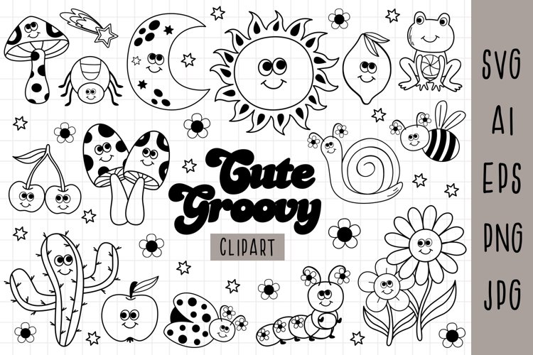 Retro character design sun mushrooms daisy groovy flower