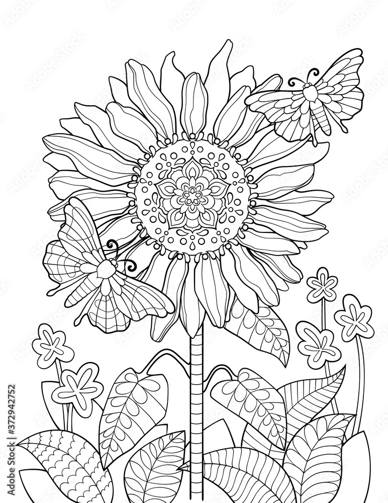 Sunflower mandala coloring page for adults flower coloring book with butterflies vector