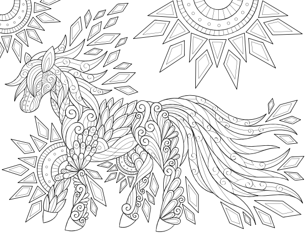 Printable horse and sun adult coloring page