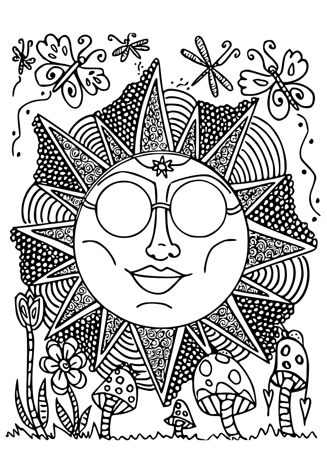 Free printable hippie sun coloring page for adults and kids