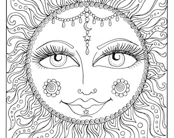 Instant download sun summer coloring page adult coloring page to color beach coloringcosmic celestial