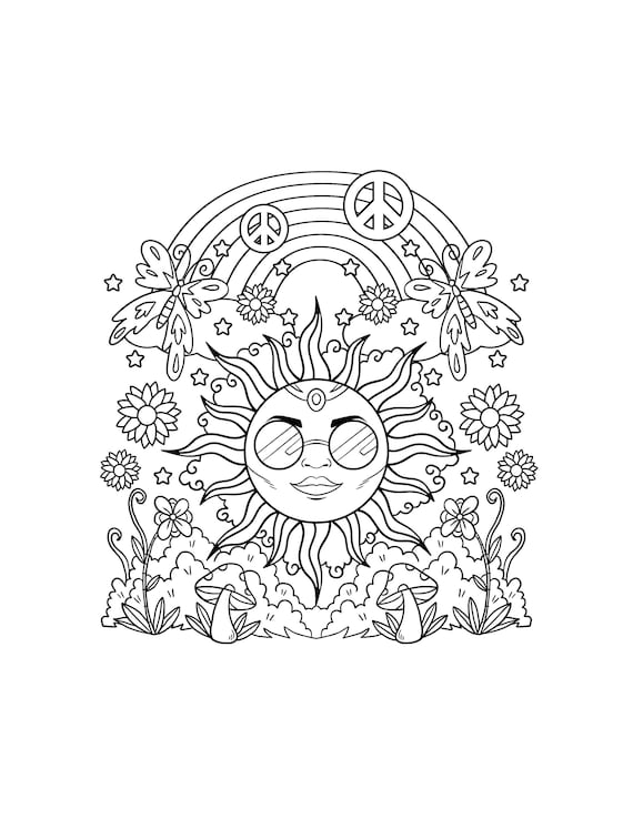 Hippie sun printable coloring pages digital download trippy coloring book