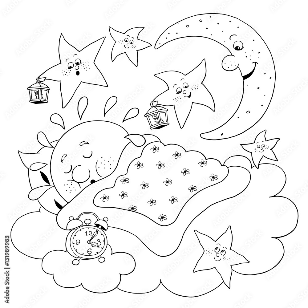 Cute sleeping sun moon and stars coloring page funny cartoon characters illustration