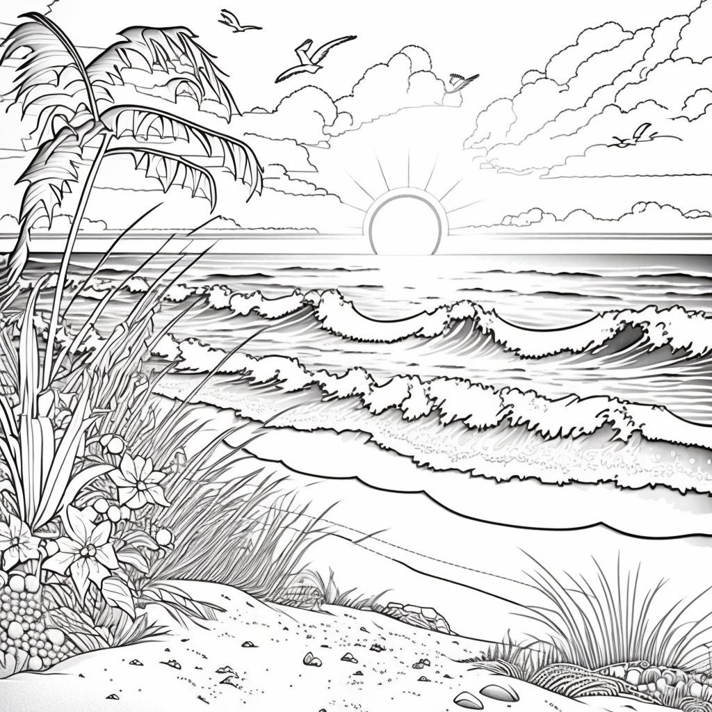 Beach scene coloring pages bundle png digital download pages beach sunset sailboat black and white coloring pages