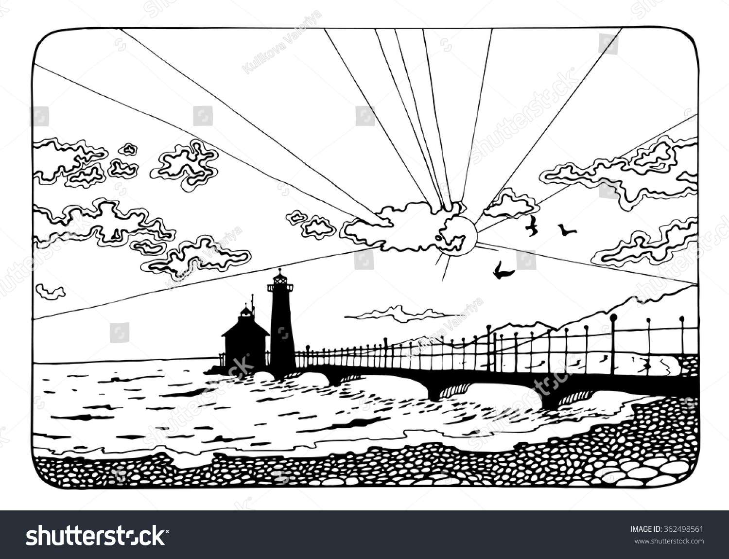 Sunset lighthouse coloring page adults antistress stock vector royalty free