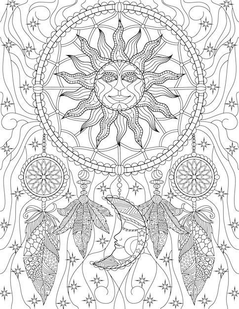 Premium vector coloring book page with dreamcatcher with sun and moon details sheet to be colored with handmade willow hoop with hanging feathers and glowing background