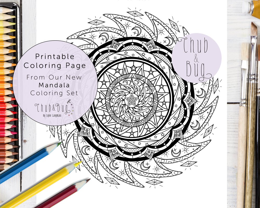 Sun mandala printable coloring sheet in black and white â chub and bug illustration wall art and school supplies for kids and babies