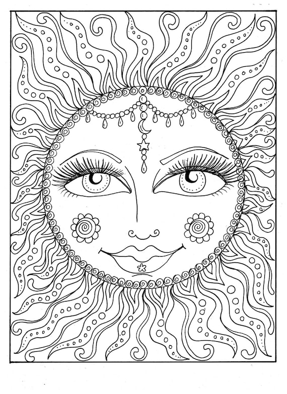 Instant download sun summer coloring page adult coloring page to color beach coloringcosmic celestial