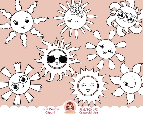 Cute doodle sun clipart png sun digital stamp black and white line art clip art happy sun emoji cartoon sun coloring pages sun faces