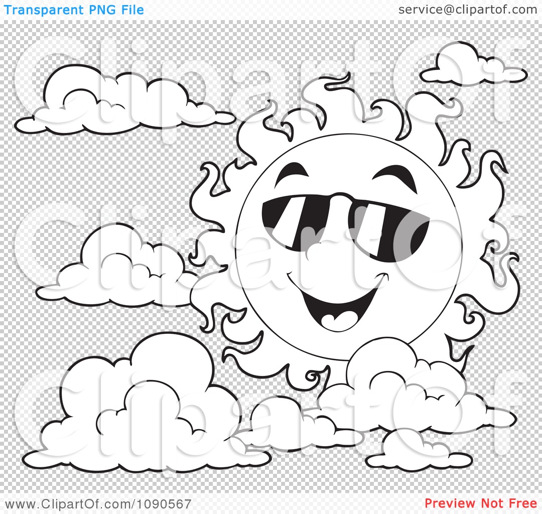 Clipart coloring page outline of a happy summer sun with shades and clouds