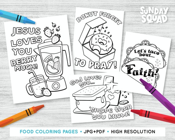 Printable christian food coloring pages set of designs faith love kids sunday school church bible printable jesus loves you god loves you instant download