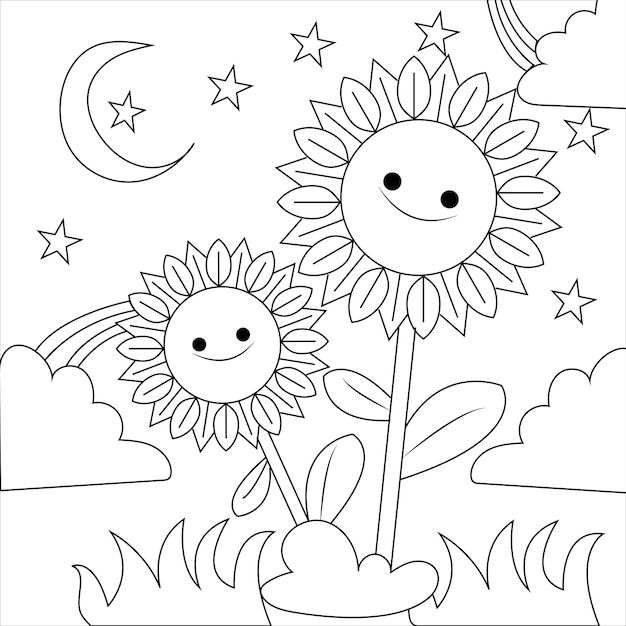 Premium vector black and white coloring page of a sunflower with a rainbow and moon and stars