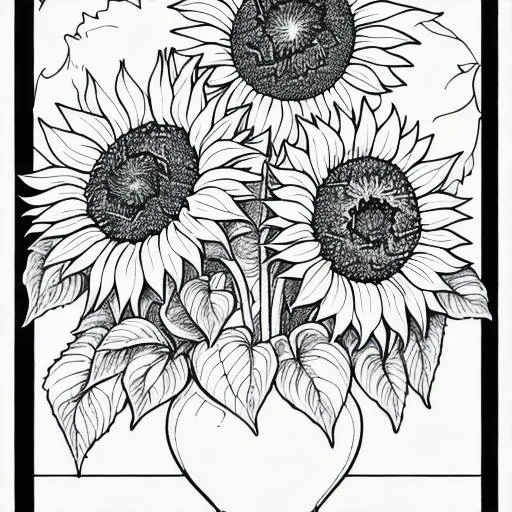 Black and white coloring page of sunflowers