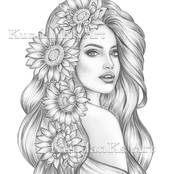 Sunflower adult coloring page portrait coloring grayscale coloring instant download aa printable kundanks art