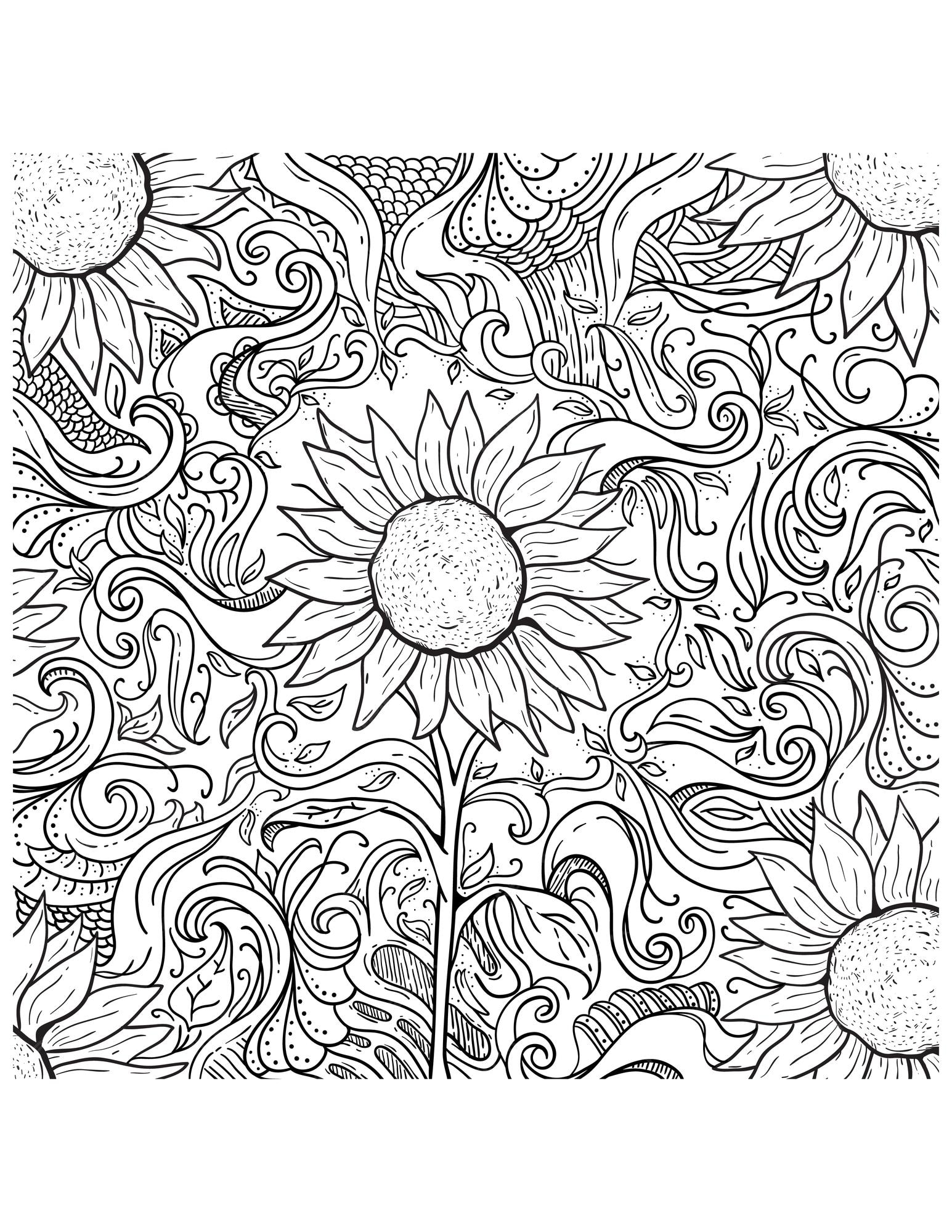 Premium vector beautiful black and white hand drawing sunflower coloring pages and coloring book for kids and adult