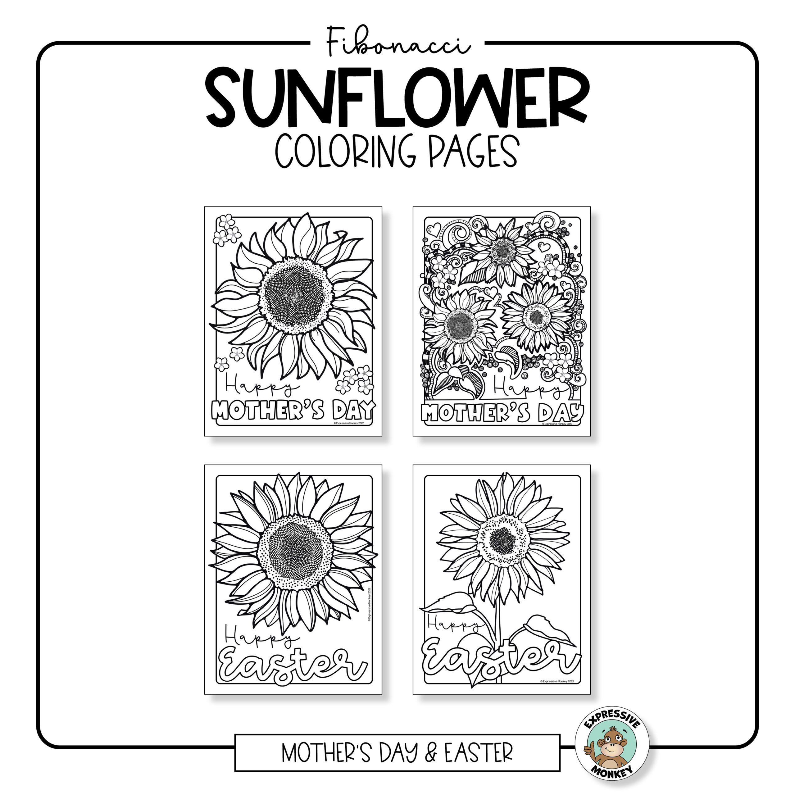 Sunflower coloring pages with fibonacci spirals