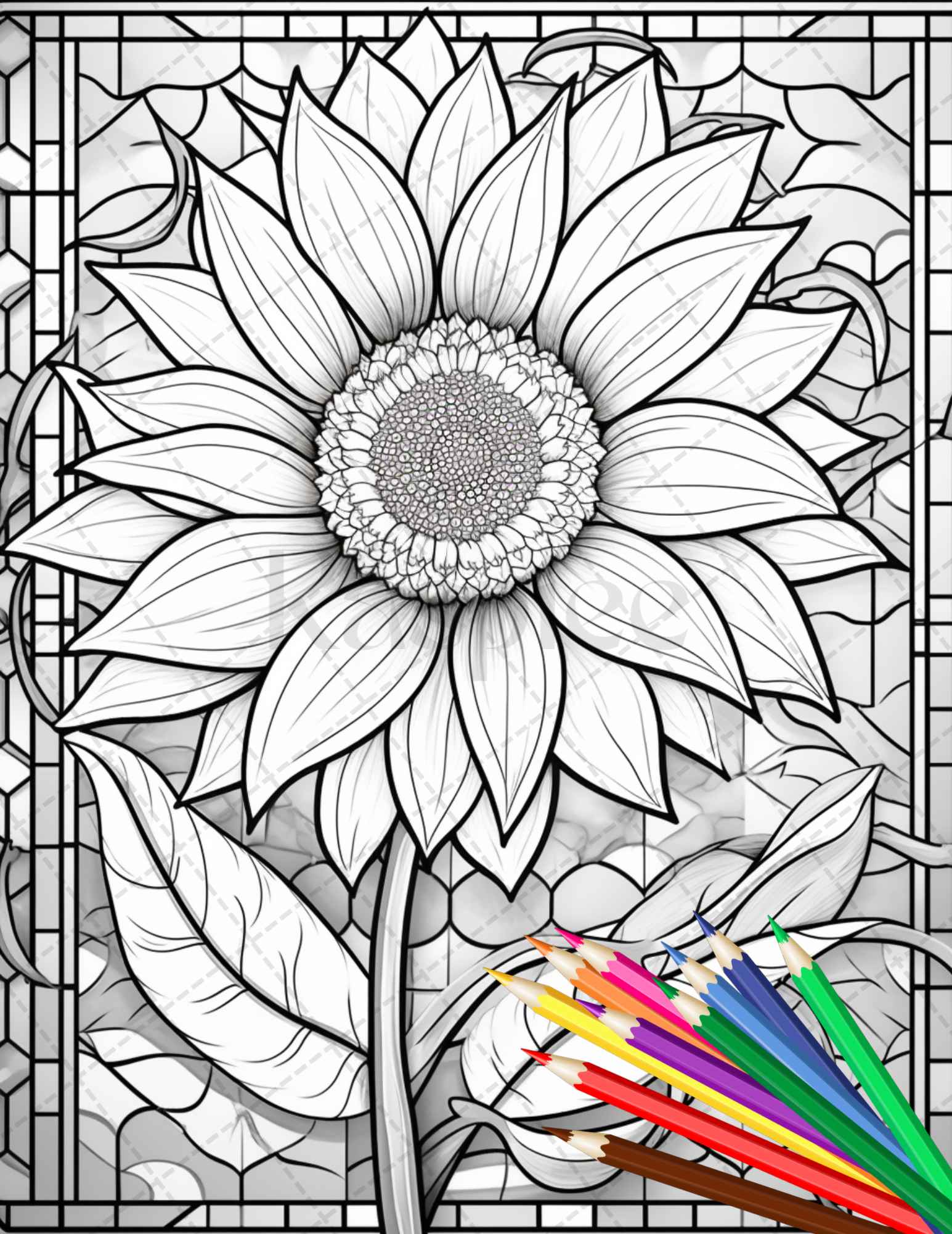 Stained glass flowers grayscale coloring pages printable for adults â coloring