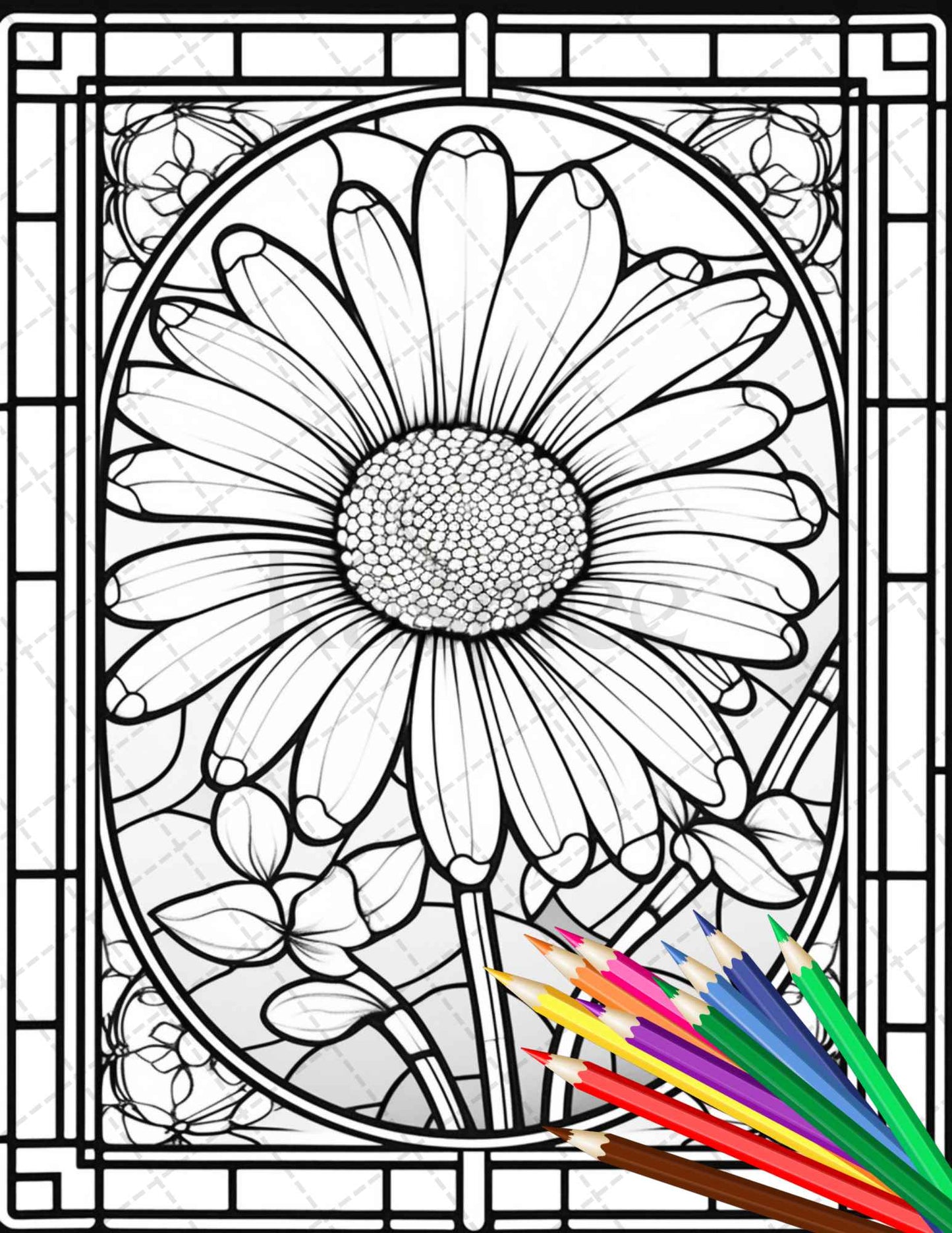 Stained glass flowers grayscale coloring pages printable for adults â coloring