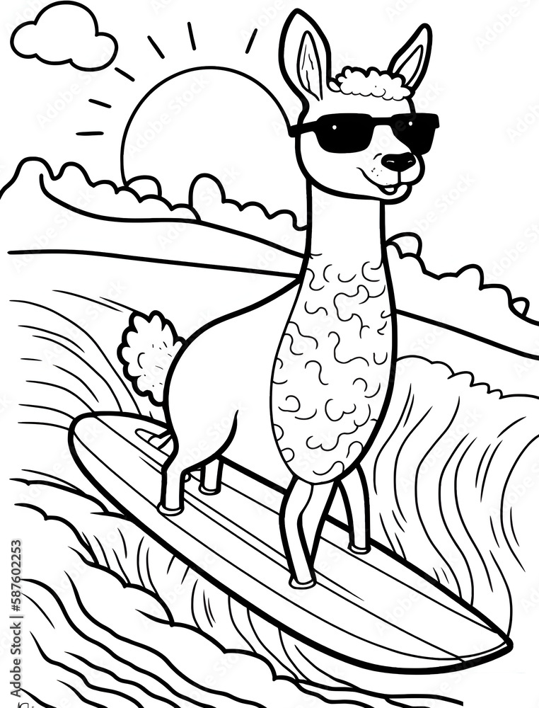 Llama wearing sunglasses and surfing on a wave coloring page d simple for preschoolers for coloring book illustration