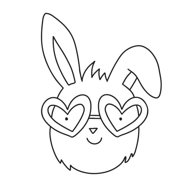 Cute groovy hare bunny rabbit in heart shaped sunglasses simple black and white contour drawing vector illustration isolated on white christmas character symbol of new year stock illustration