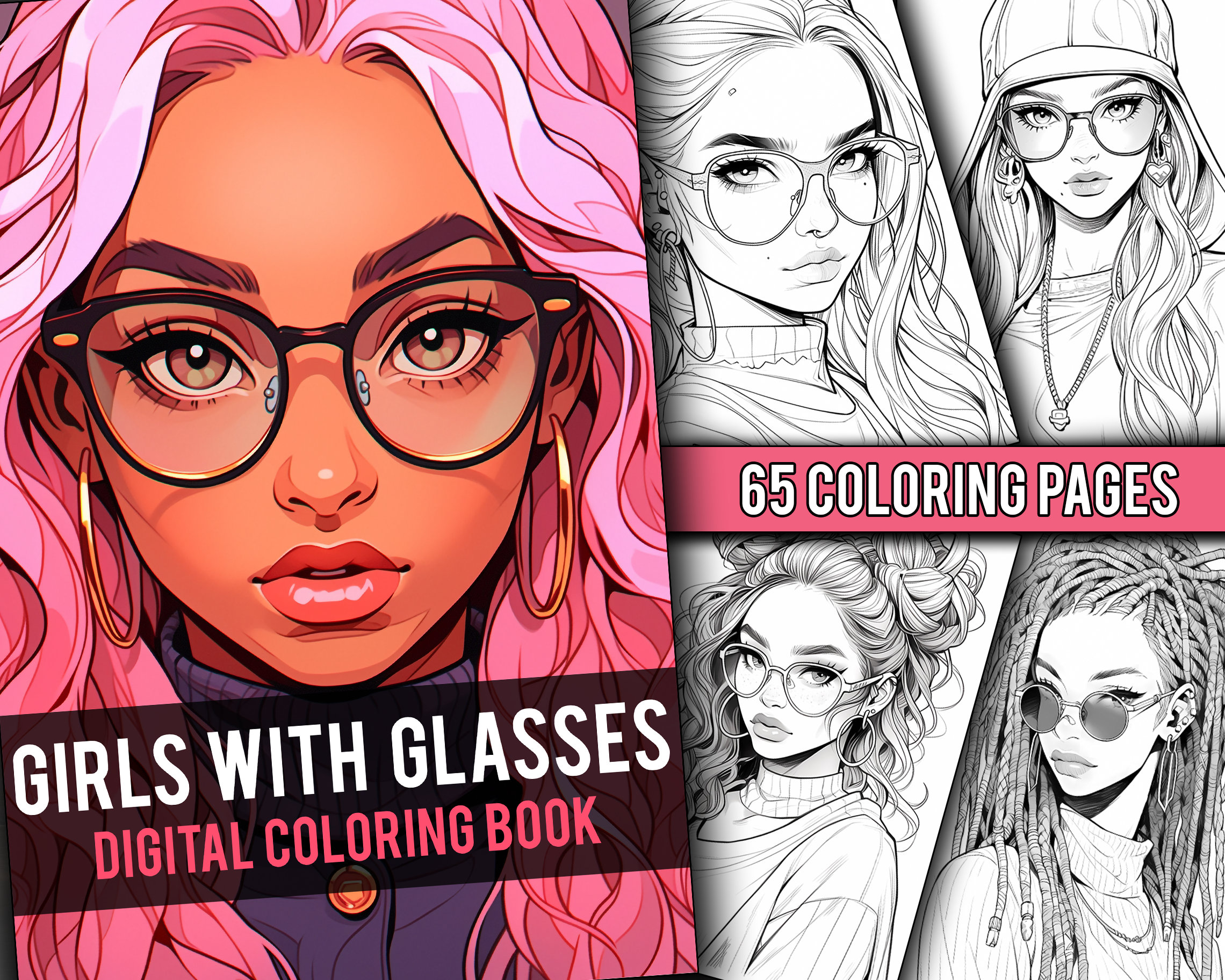 Anime girls with glasses coloring book page manga fantasy coloring pages for children adults instant download printable pdf