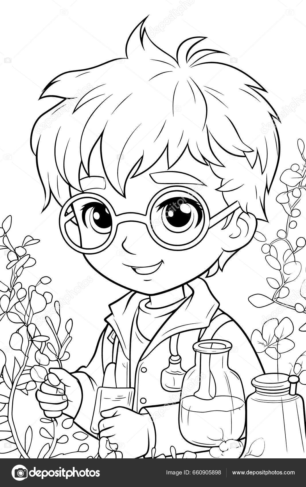 Scientist black white coloring pages kids simple lines cartoon style stock photo by george