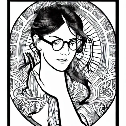 Clean simple line art of a woman with glasses reading stable diffusion