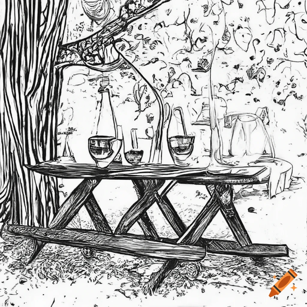 Black and white coloring page picnic table open books wine glasses on