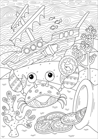 Crab found treasure near sunken ship coloring page free printable coloring pages