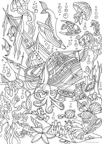 Ocean life â sunken ship colouring page ocean coloring pages coloring books printable adult coloring pages