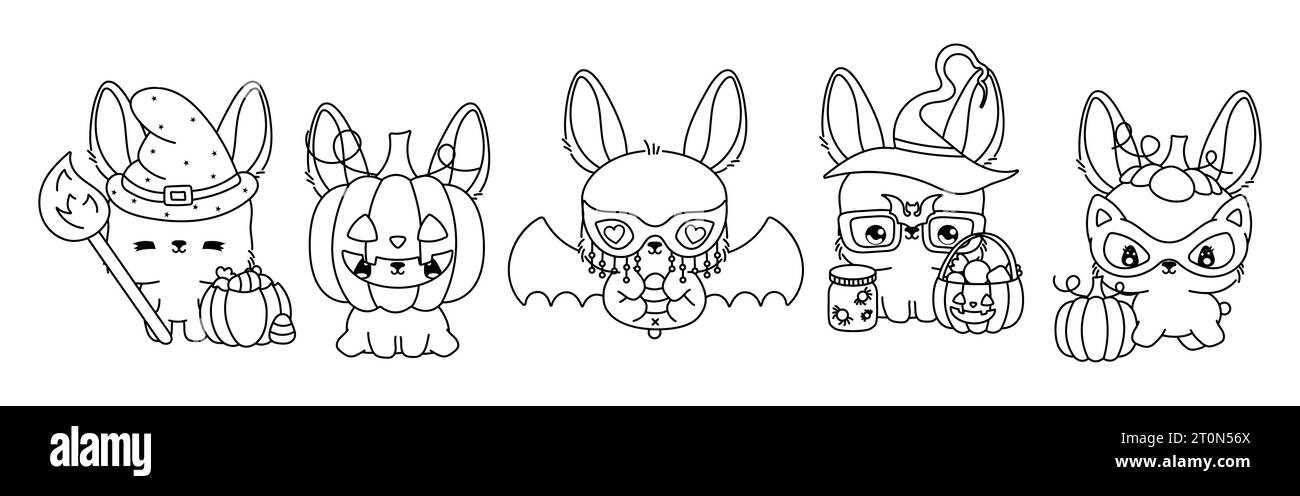 Collection of vector halloween bunny outline set of isolated halloween rabbit coloring page stock vector image art