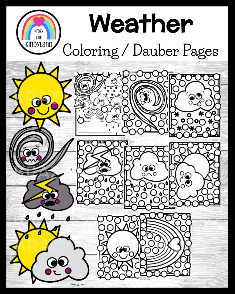 Weather coloring dauber pages booklet sunny cloudy rainy stormy rainbow