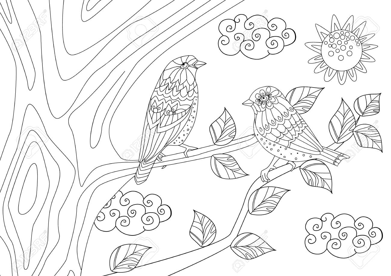 Couple of pretty birds on tree in sunny day for your coloring page royalty free svg cliparts vectors and stock illustration image