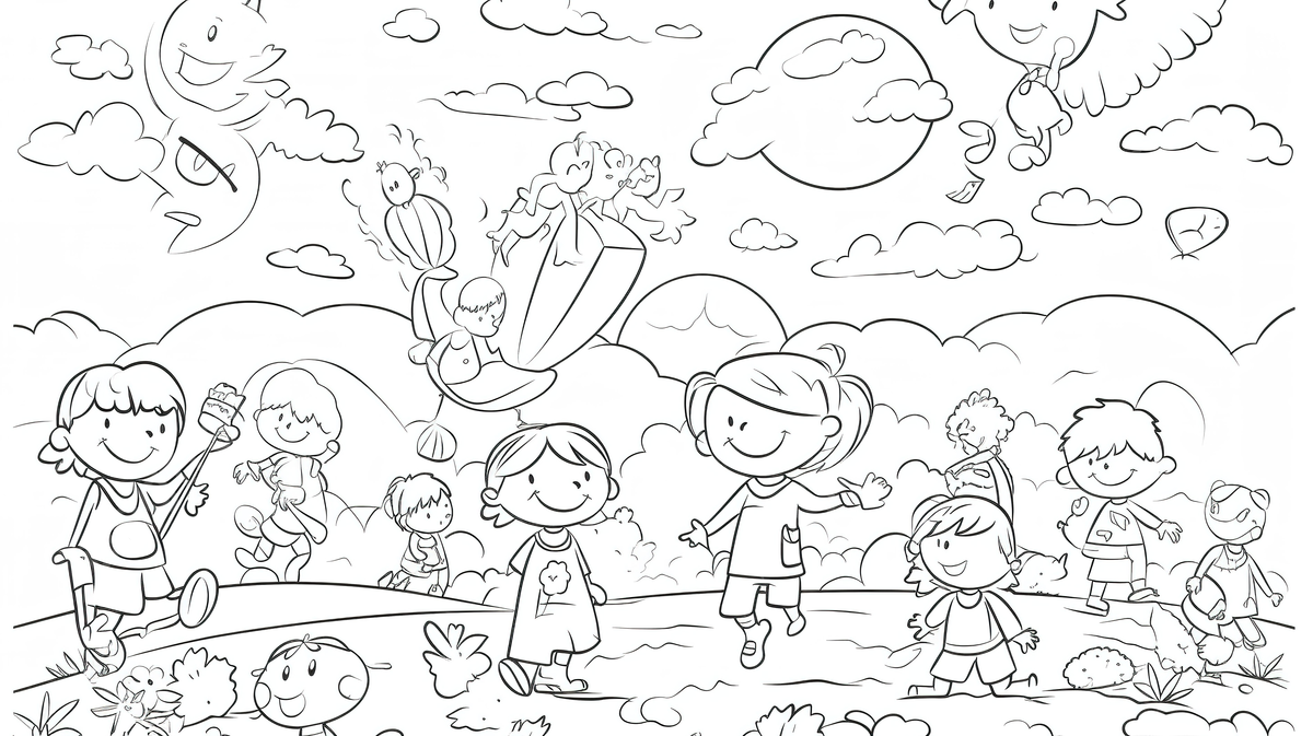 Coloring page with children playing near a grassy field on a sunny day background preschool colouring picture preschool child background image and wallpaper for free download