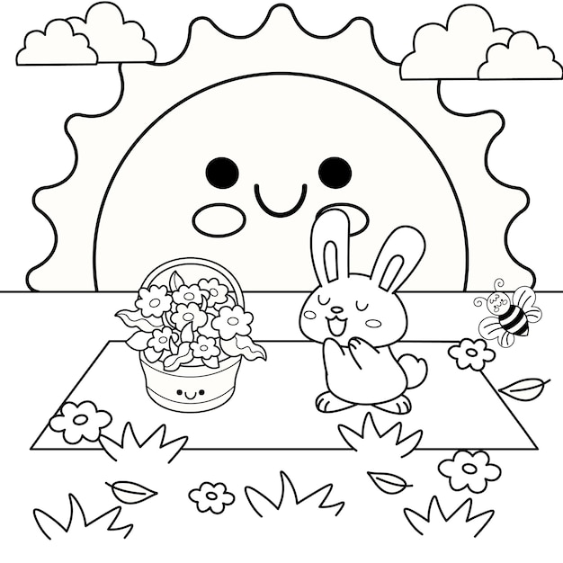 Premium vector coloring page sunny day and cute bunny closing its eyes
