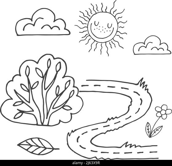 Summer nature child drawing coloring book landscape page stock vector image art