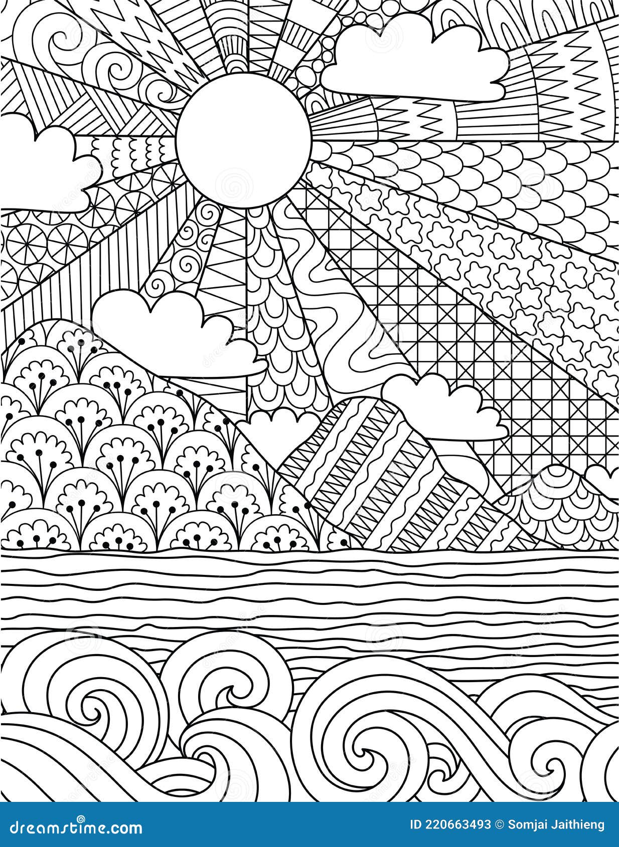 Abstract intricate line art of sunrise on the beach for background coloring book coloring page with the size x stock vector