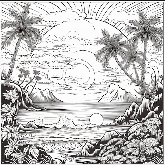 Sunrise page coloring book for adults and children grayscale printable pdf coloring page instant download instant download