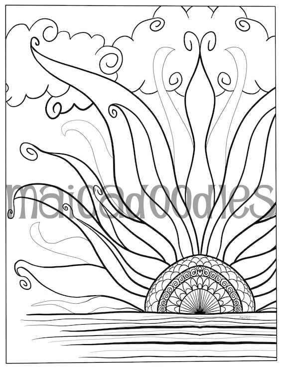 Coloring page sunrise instant download print at home color your own sun coloring page anxiety relief self care activity