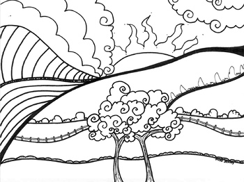 Coloring page landscape hills sunset sunrise by miss jenny designs