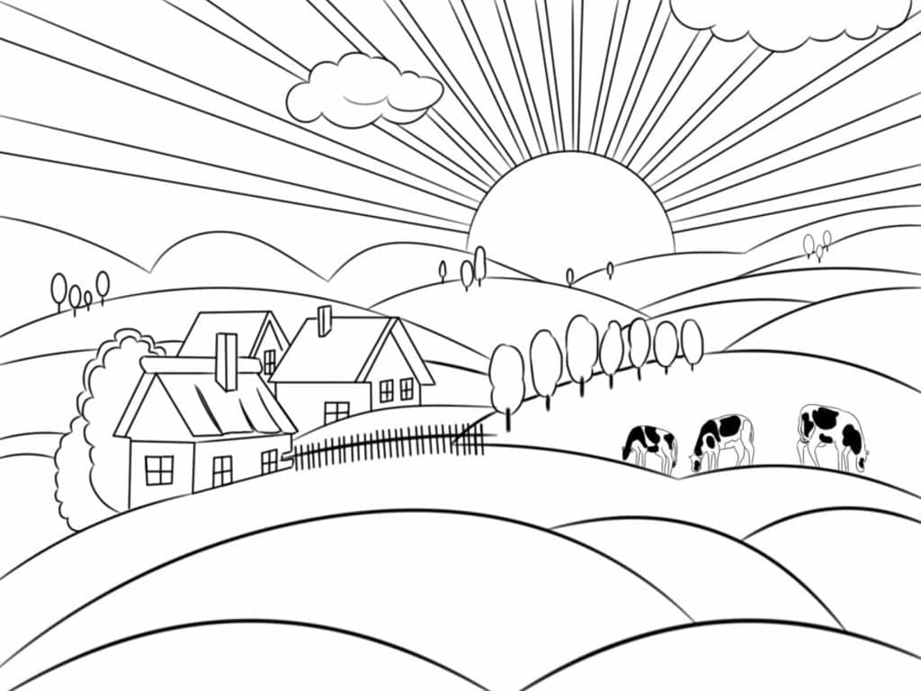 Beautiful sunrise landscape coloring page