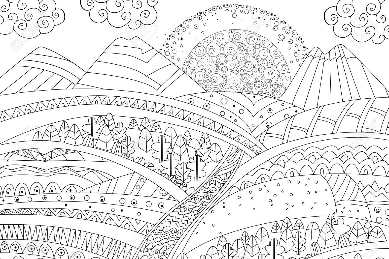 Sunrise in mountain landscape for your coloring book royalty free svg cliparts vectors and stock illustration image