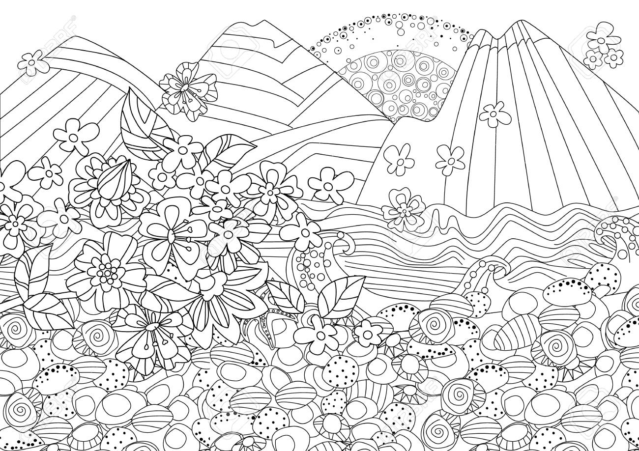 Sunrise in mountain seascape with branch of flowering sakura for your coloring book royalty free svg cliparts vectors and stock illustration image