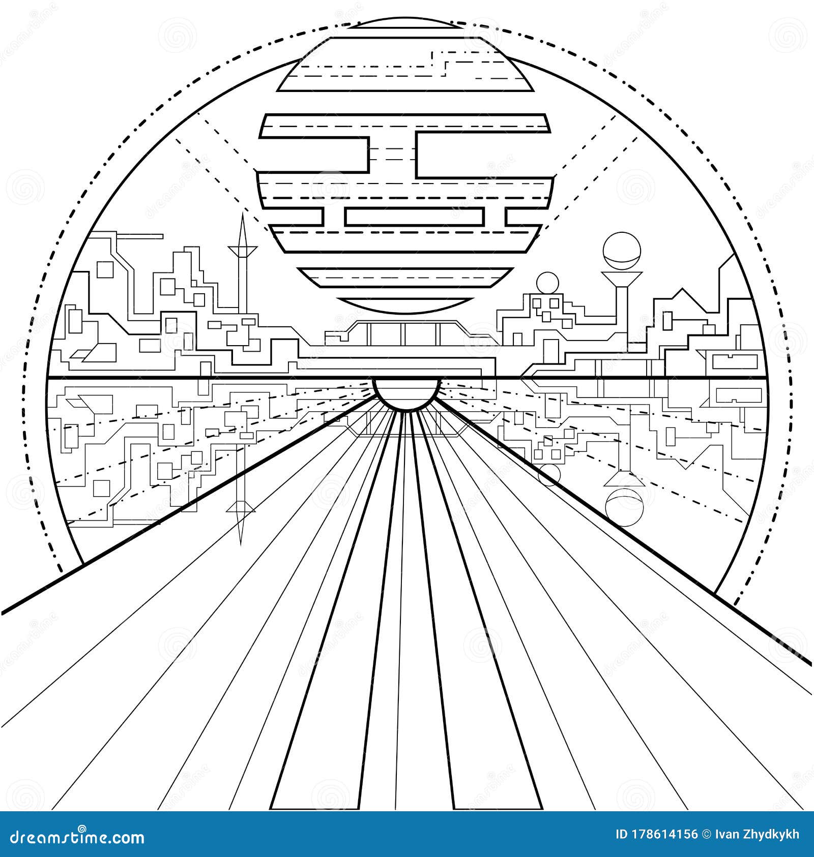 Adult coloring page for book and drawing sunrise skyline road line black template isolated on white background stock vector